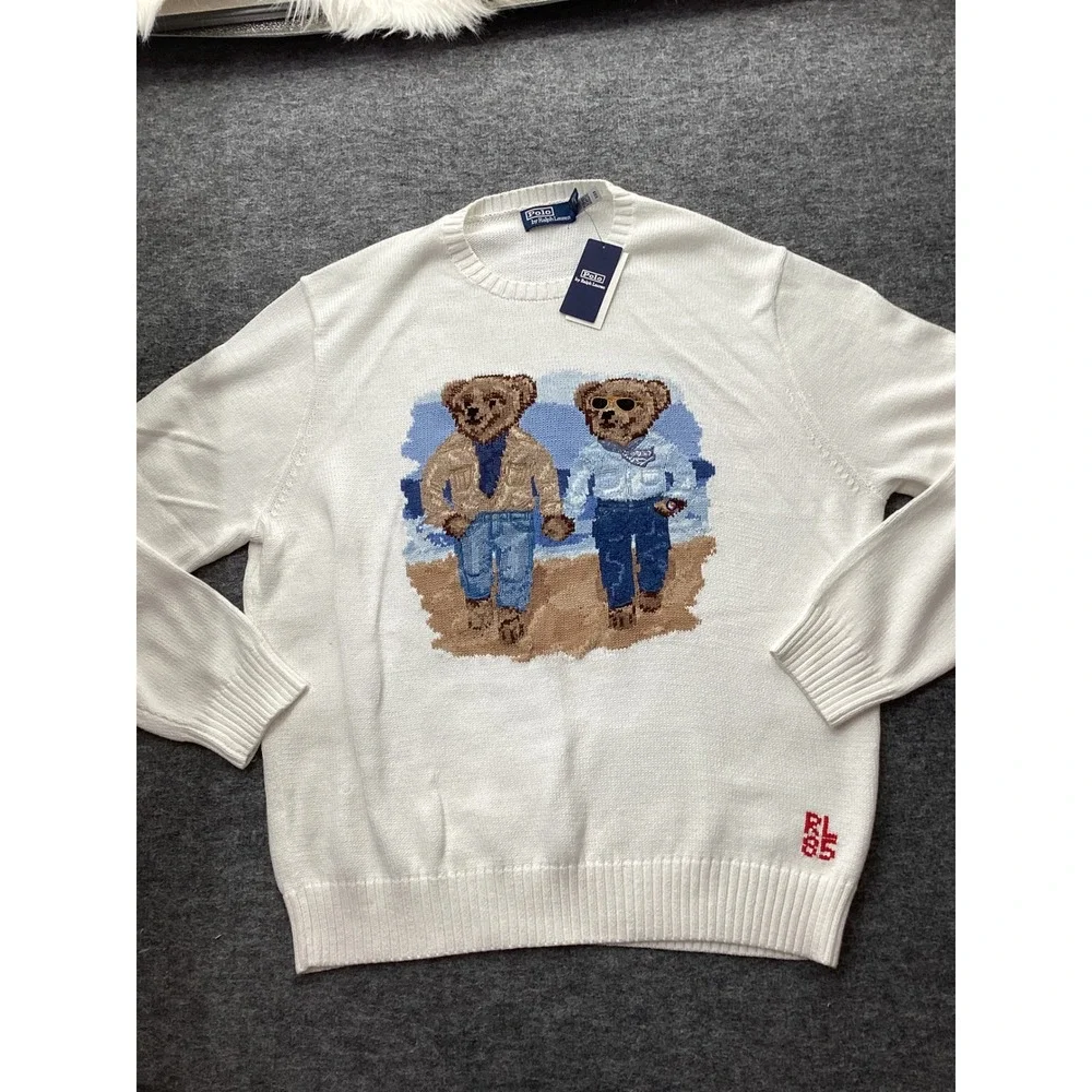 Polo Ralph Lauren Mens XXL White Beach Polo Bear Cotton Knit Sweater RL 85 New